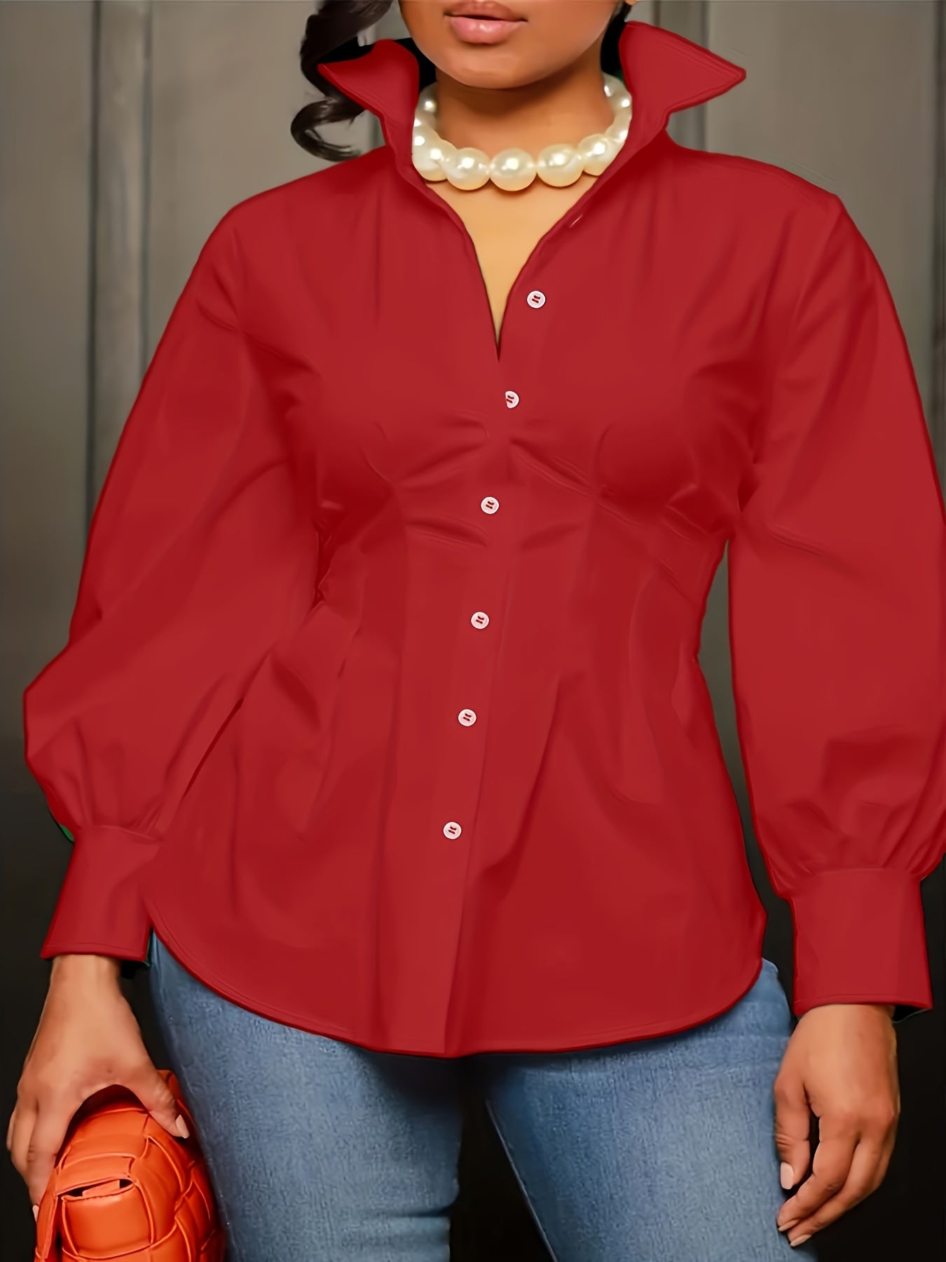  Button Up Lantern Sleeve Blouse