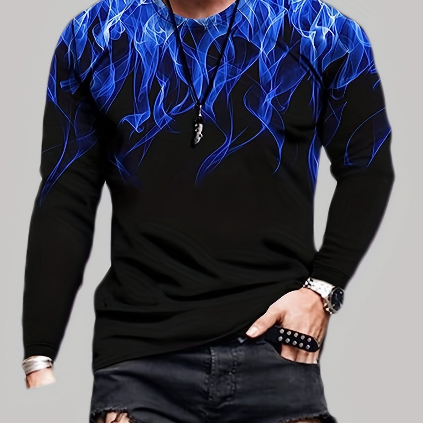 3D Fire Print Men's Graphic Long Sleeves T shirt