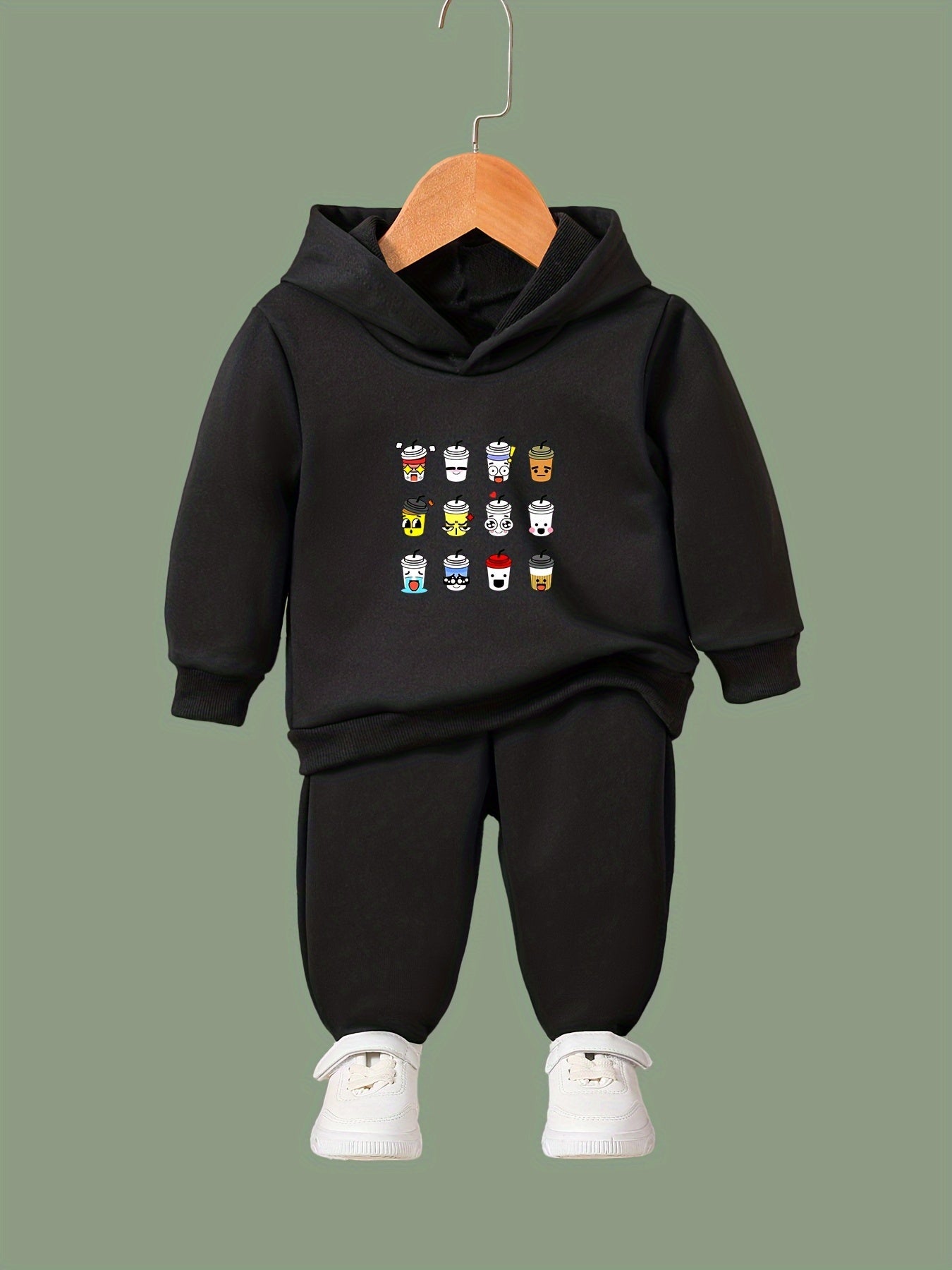 Kids Cartoon Coffee Cups Print Hoodie & Pants Set