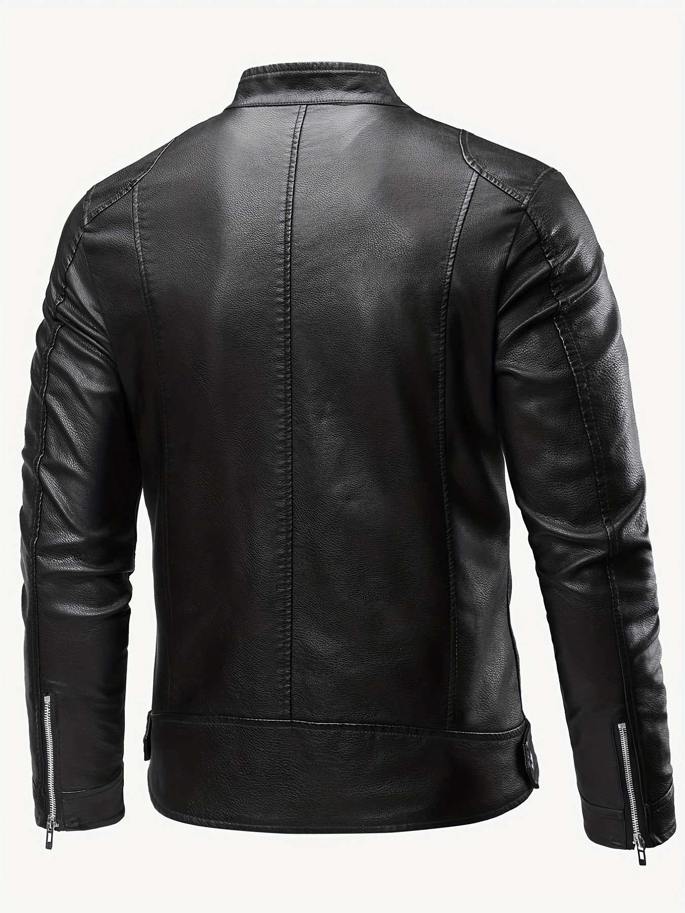 PU Biker Jacket Men's Casual Pockets Zip Up Stand Collar Faux Leather Jacket