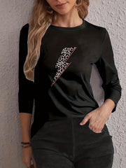  Leopard Lightning Print Long Sleeve Round Neck Tee