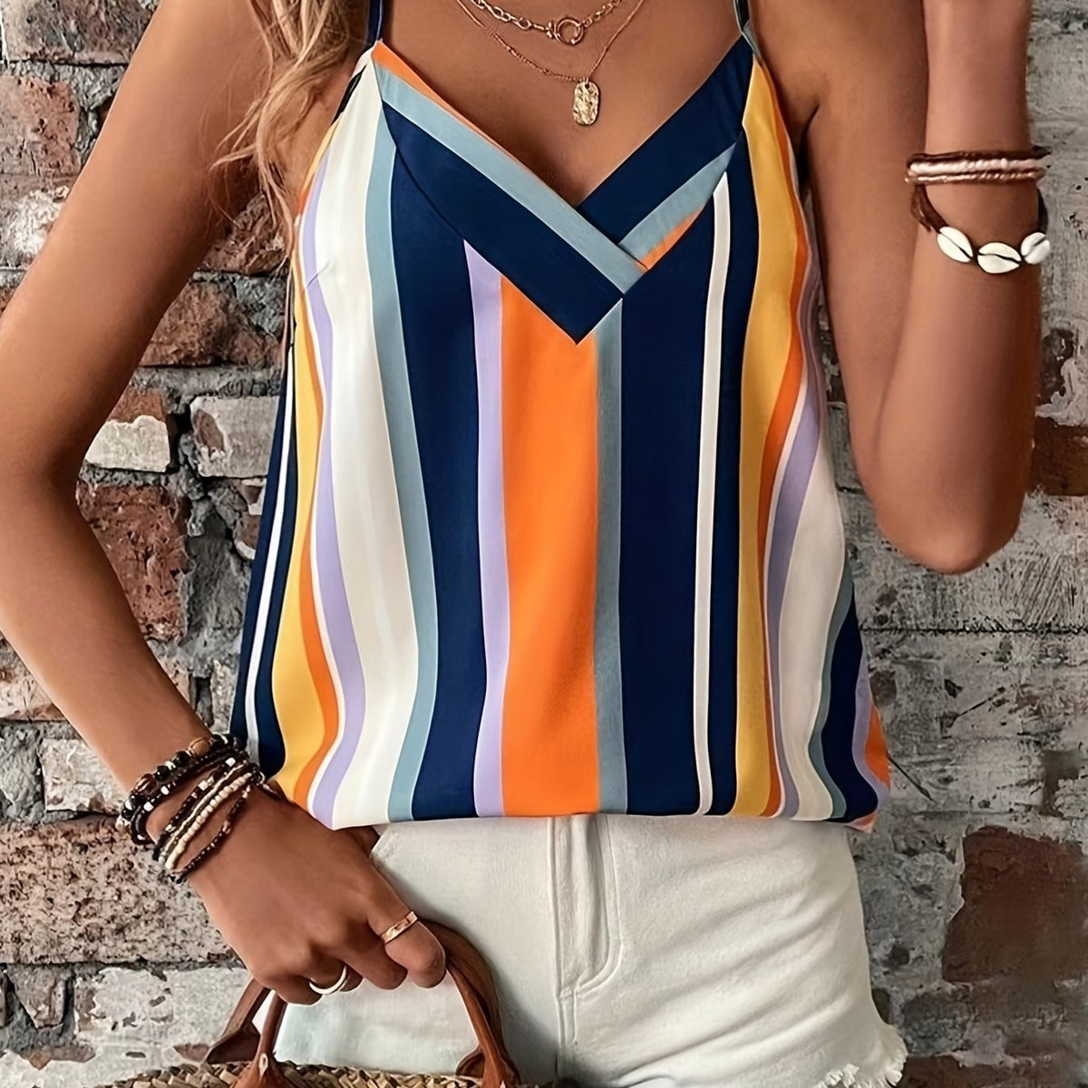  Colorblock Stripe V Neck Tank Top