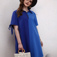  Colorblock Knot Short Sleeve Polo Neck Dress