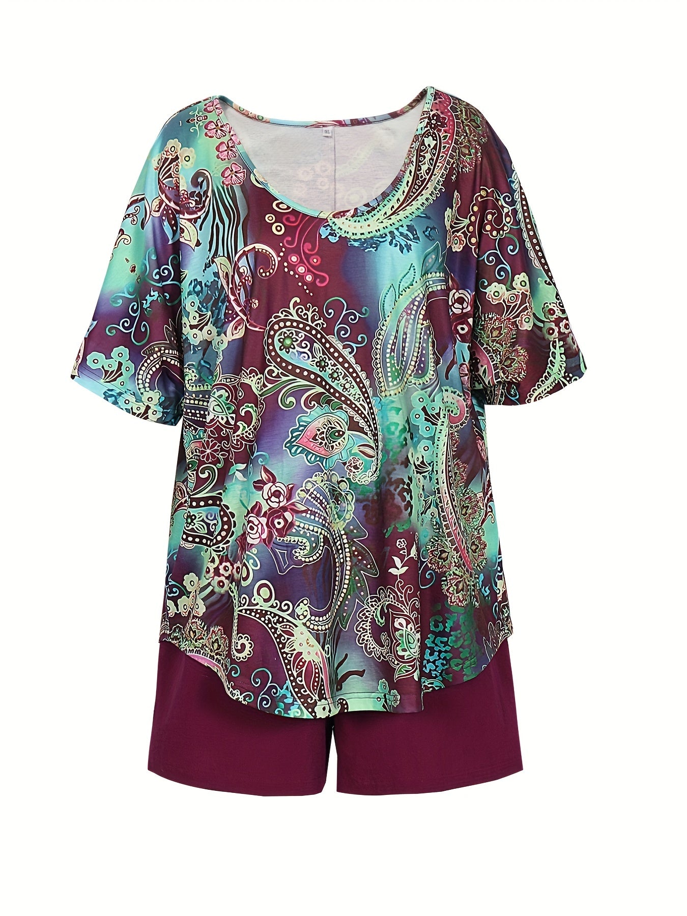 Women's Plus Paisley Print Tee & Shorts 2 Piece Set