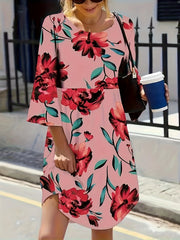  Paisley Print Bell Sleeve Round Neck Dress