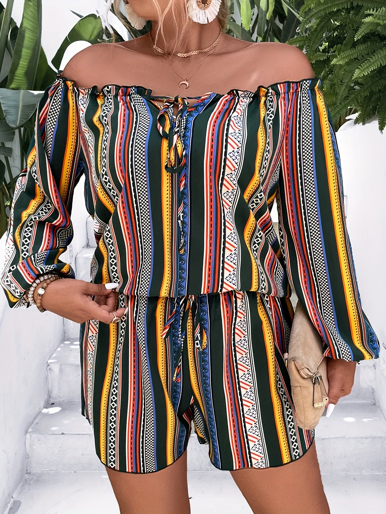  Colorful Stripe Print Ruffle Trim Top & Shorts Set