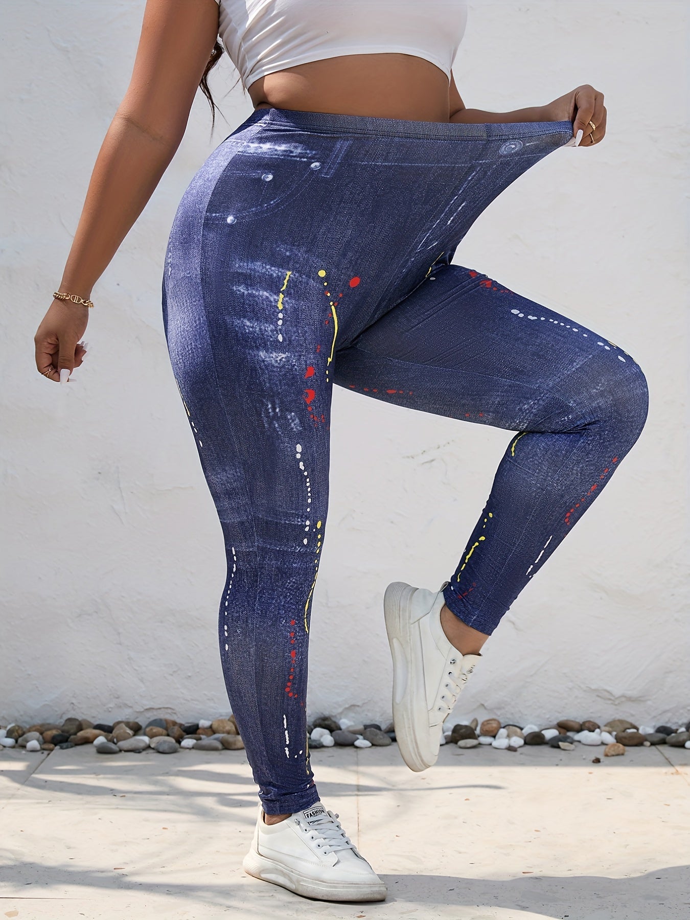  Denim & Painting Print Leggings - Stretchy Skinny Leggings