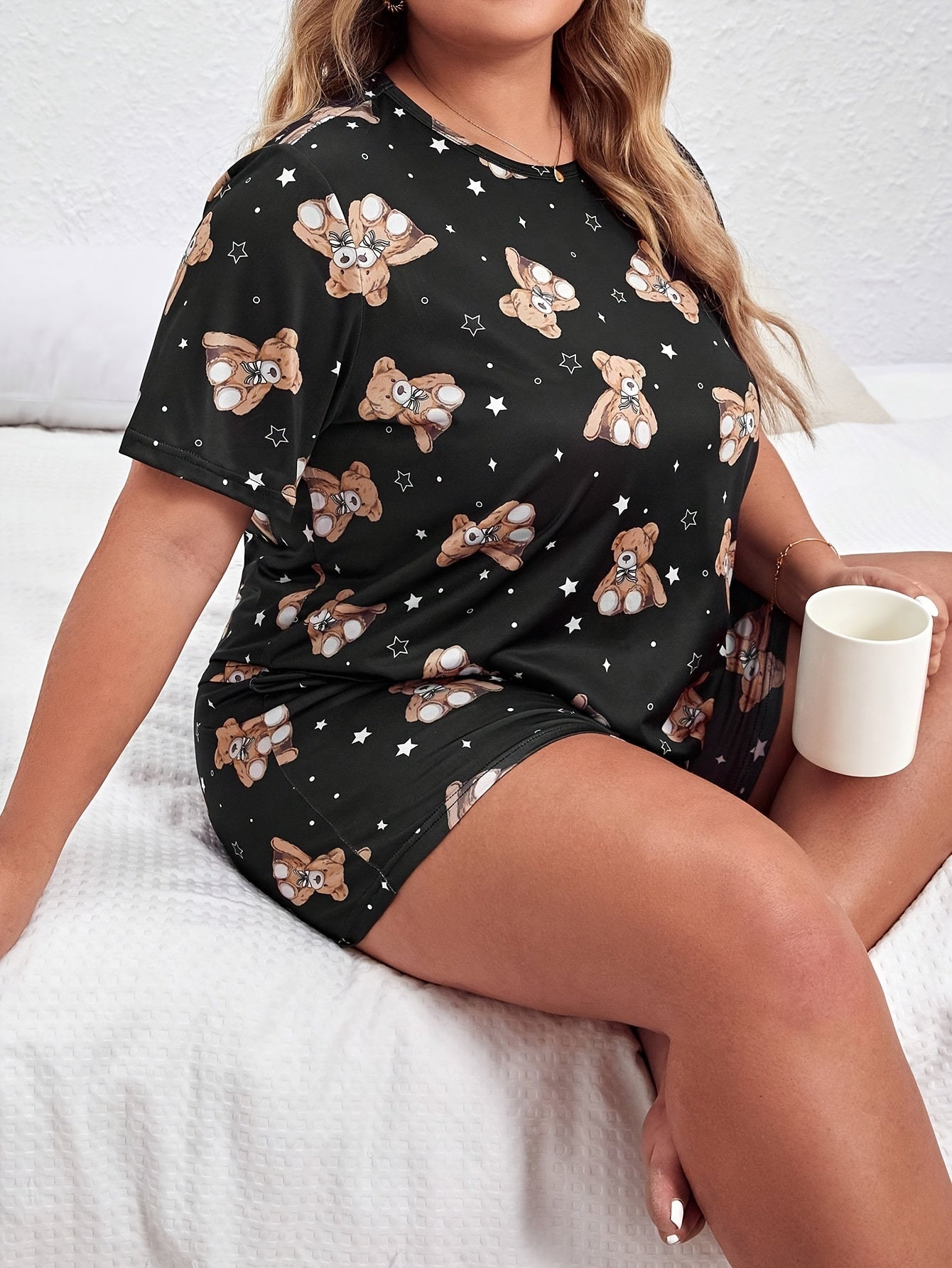  Teddy Bear Print Pajamas Set Short Sleeve Tee & Shorts Lounge Set