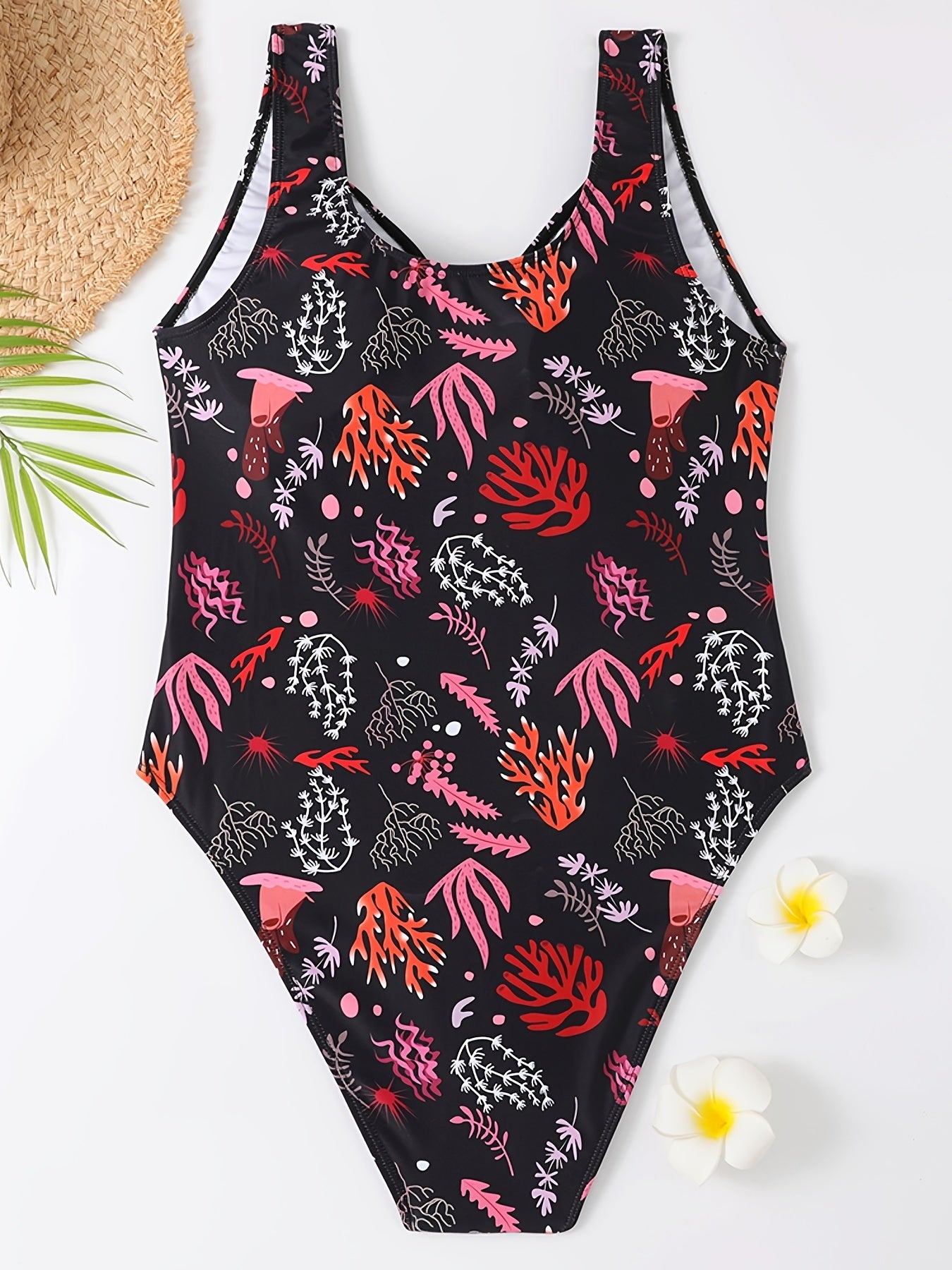  Coral Print Cut Out Drawstring Front One Piece Swimsuit