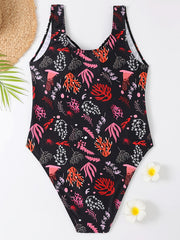  Coral Print Cut Out Drawstring Front One Piece Swimsuit