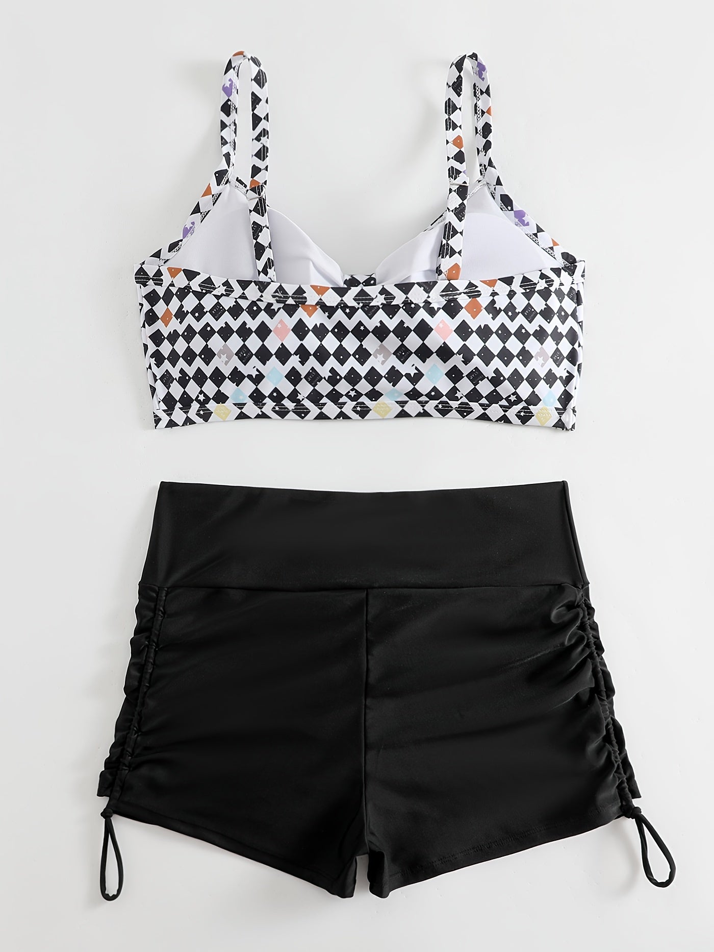  Checkered Print Bikini Set V Neck Ruched Bra & Lace Up Shorts Swimsuit