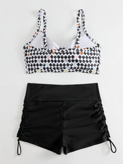  Checkered Print Bikini Set V Neck Ruched Bra & Lace Up Shorts Swimsuit
