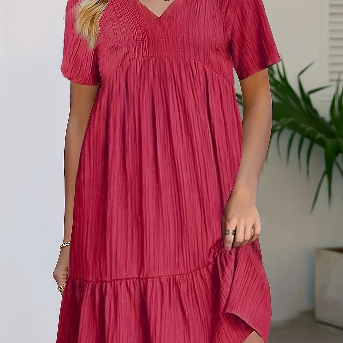  Solid Ribbed V Neck Smock Dress