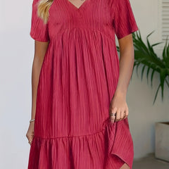  Solid Ribbed V Neck Smock Dress
