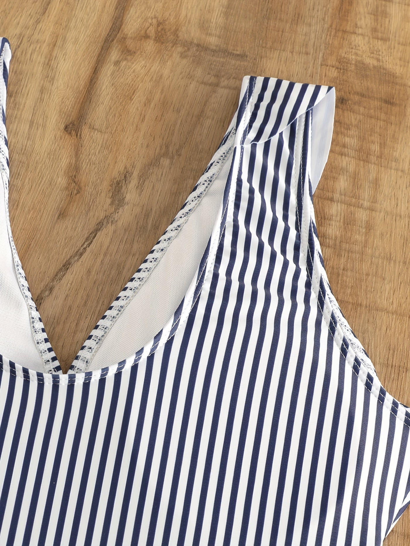  Nautical Stripe Ruffle V Neck One Piece Swimsuit