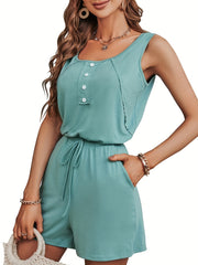 Solid Print Tank Top & Drawstring Shorts Set Women's Clothing