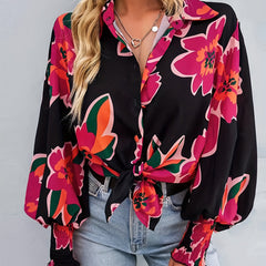  Floral Print Button Up Lantern Sleeve Blouse