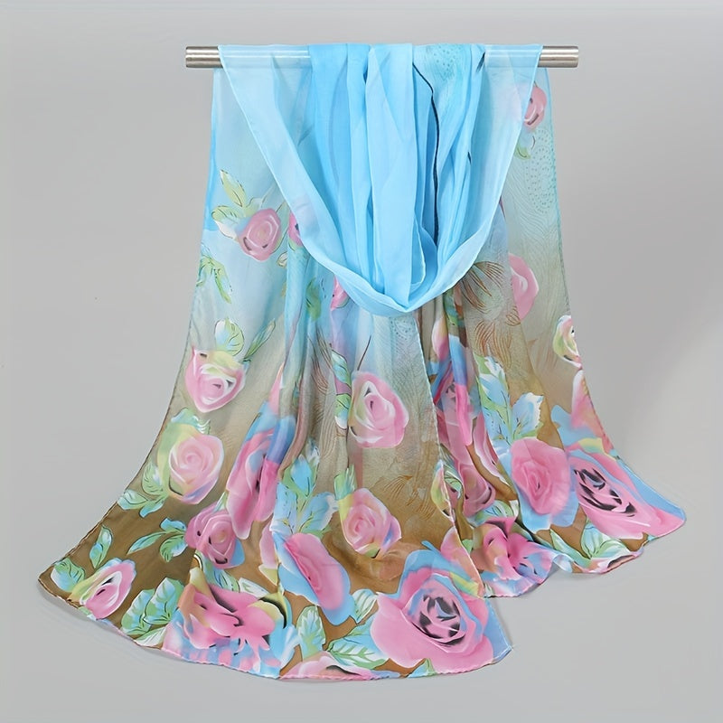 Rose Print Chiffon Scarf Thin Silk Wrap Hijab Sunscreen Shawl