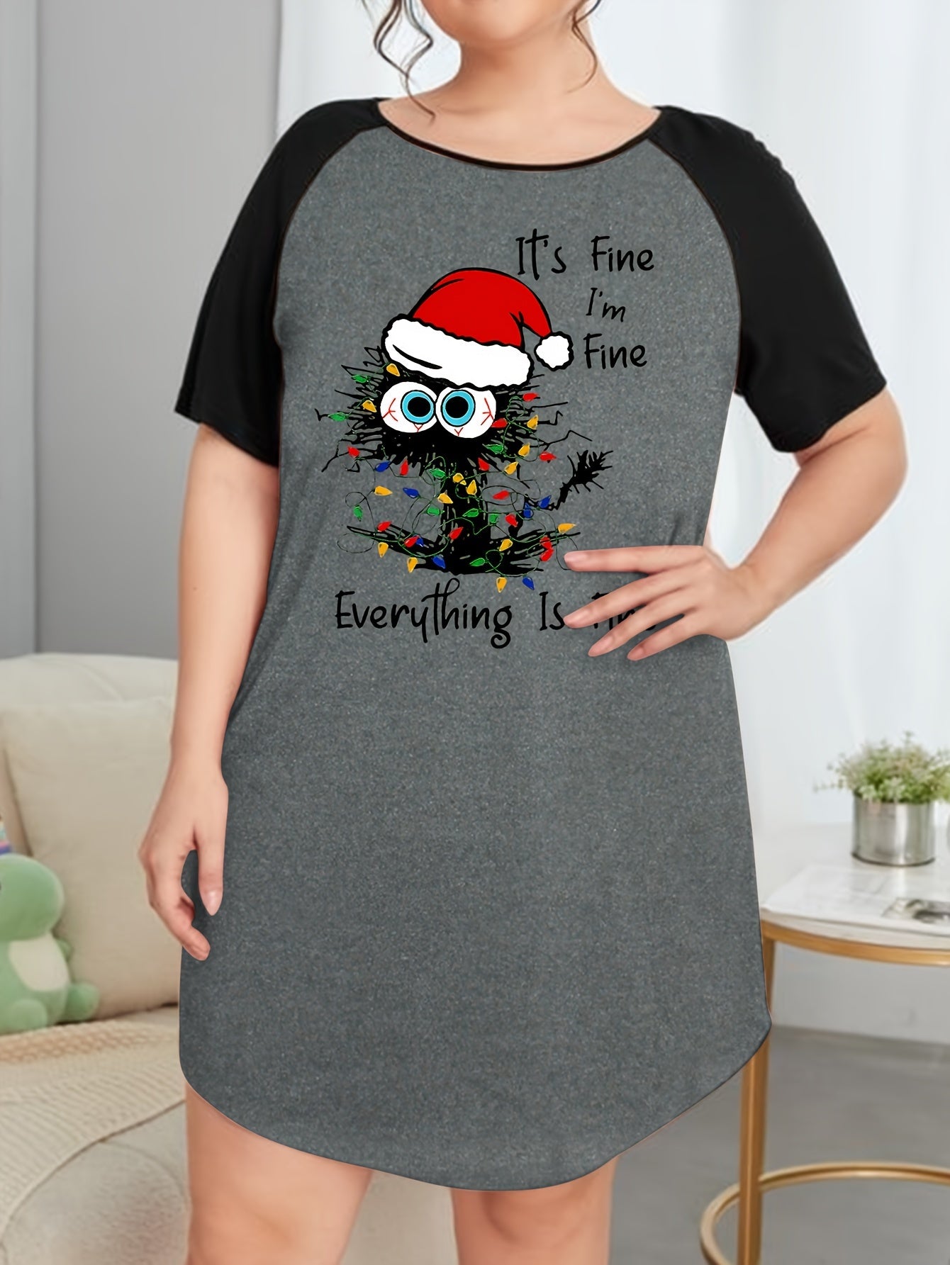  Christmas Cat & Lights Print Sleep Dress
