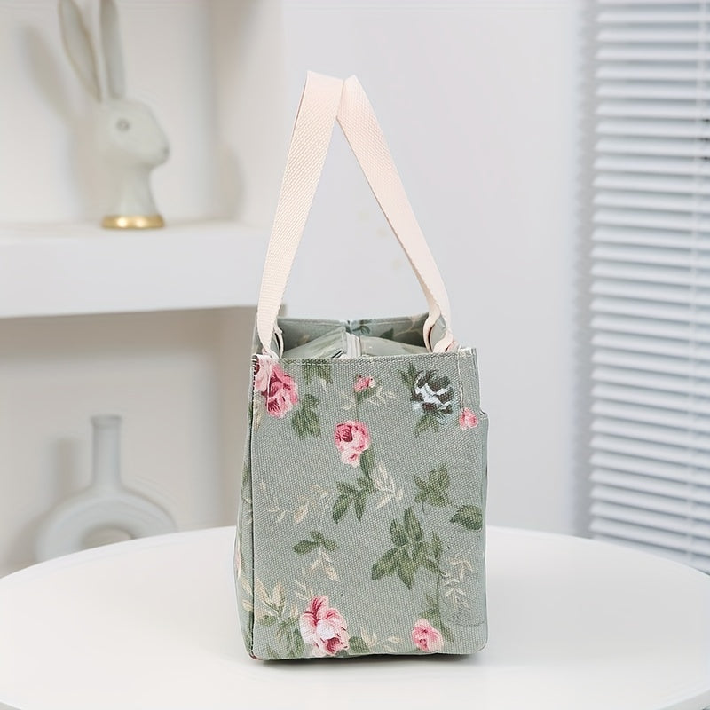 Large Capacity Floral Print Storage Bag with Insulation Zippered Pocket