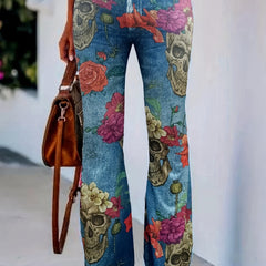  Denim & Floral Skull Print High Rise Flared Leg Pants