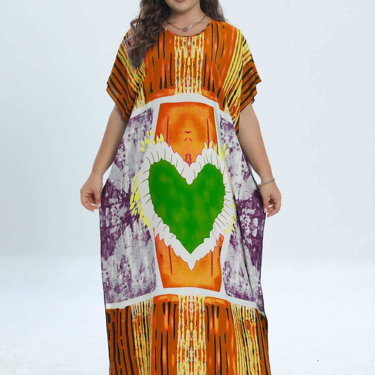 Heart Print Tie Dye Kaftan Dress