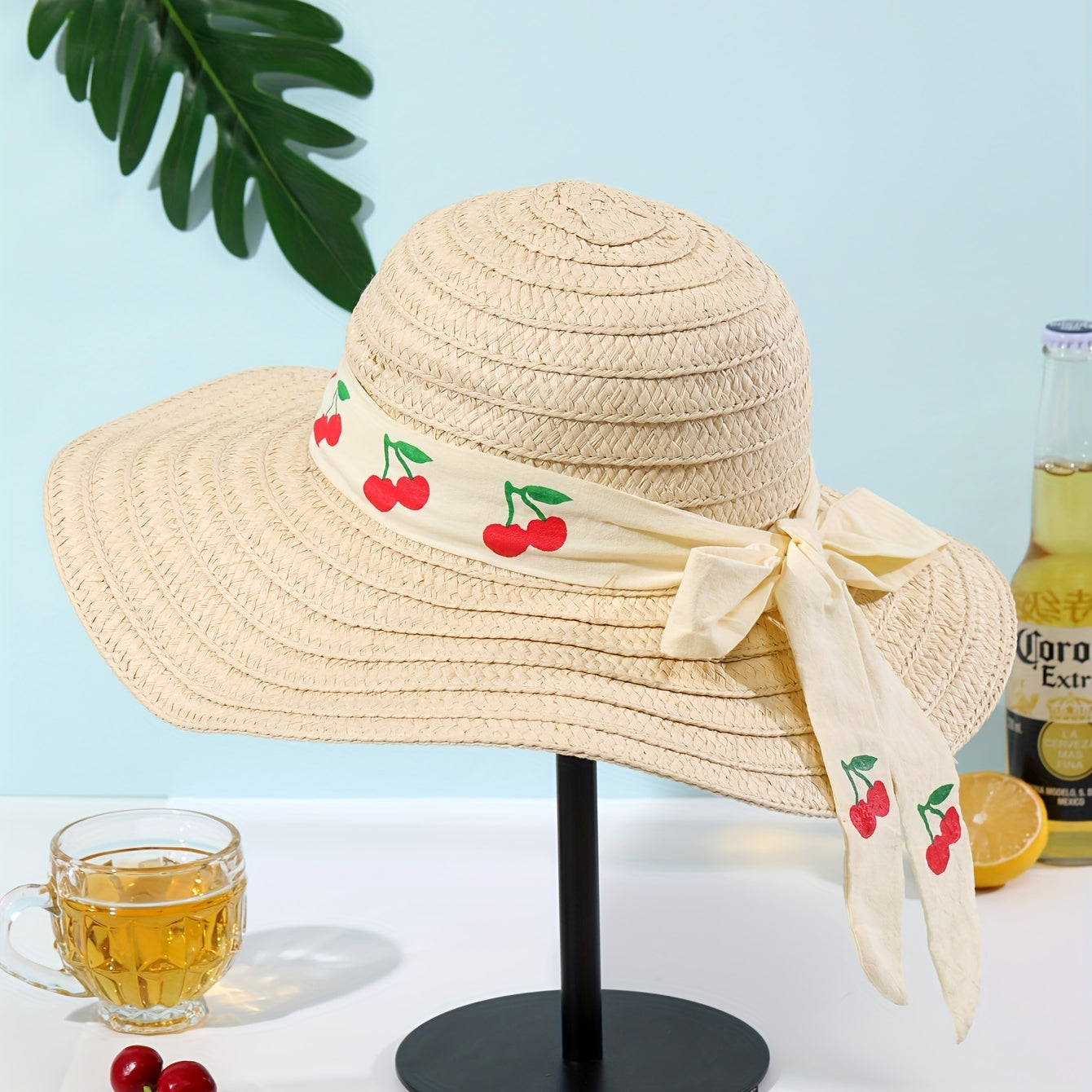 Beige Straw Sun Hat Cherry Print Ribbon Bowknot UV Protection