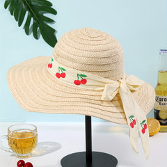 Beige Straw Sun Hat Cherry Print Ribbon Bowknot UV Protection