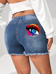  Eye Print Ripped Denim Shorts with Fringe Trim
