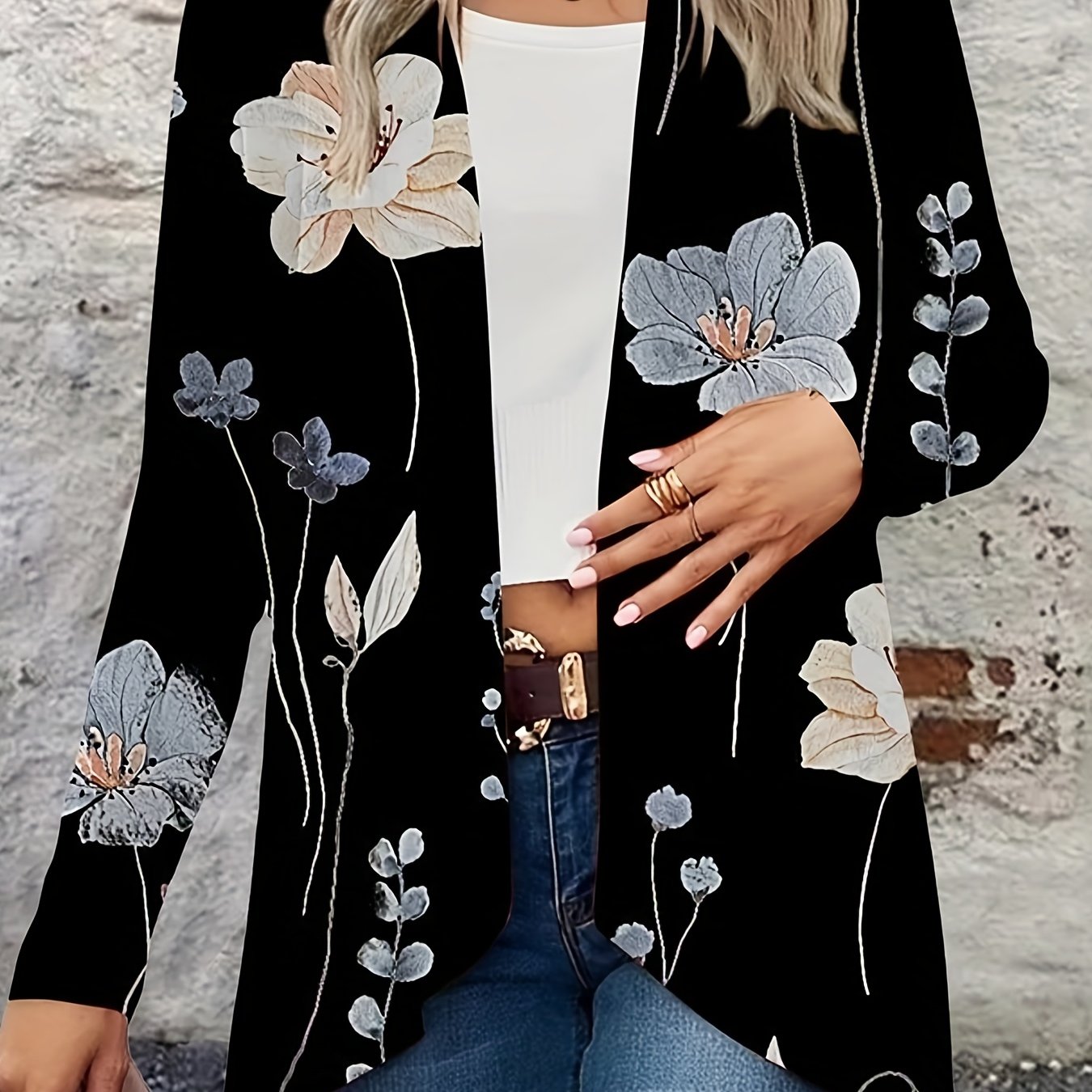  Floral Print Long Sleeve Open Front Cardigan