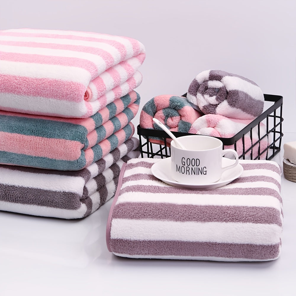 Soft Comfort Bath Towel Set High Coral Fleece Stripe Pattern