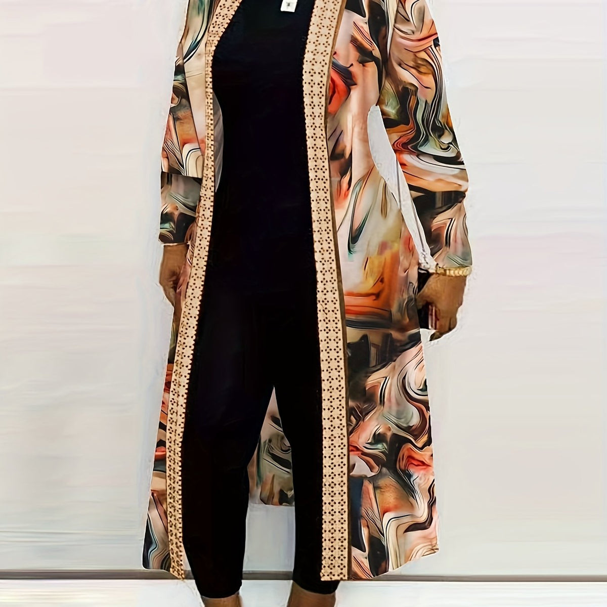  Marble Print Long Sleeve Open Front Cardigan