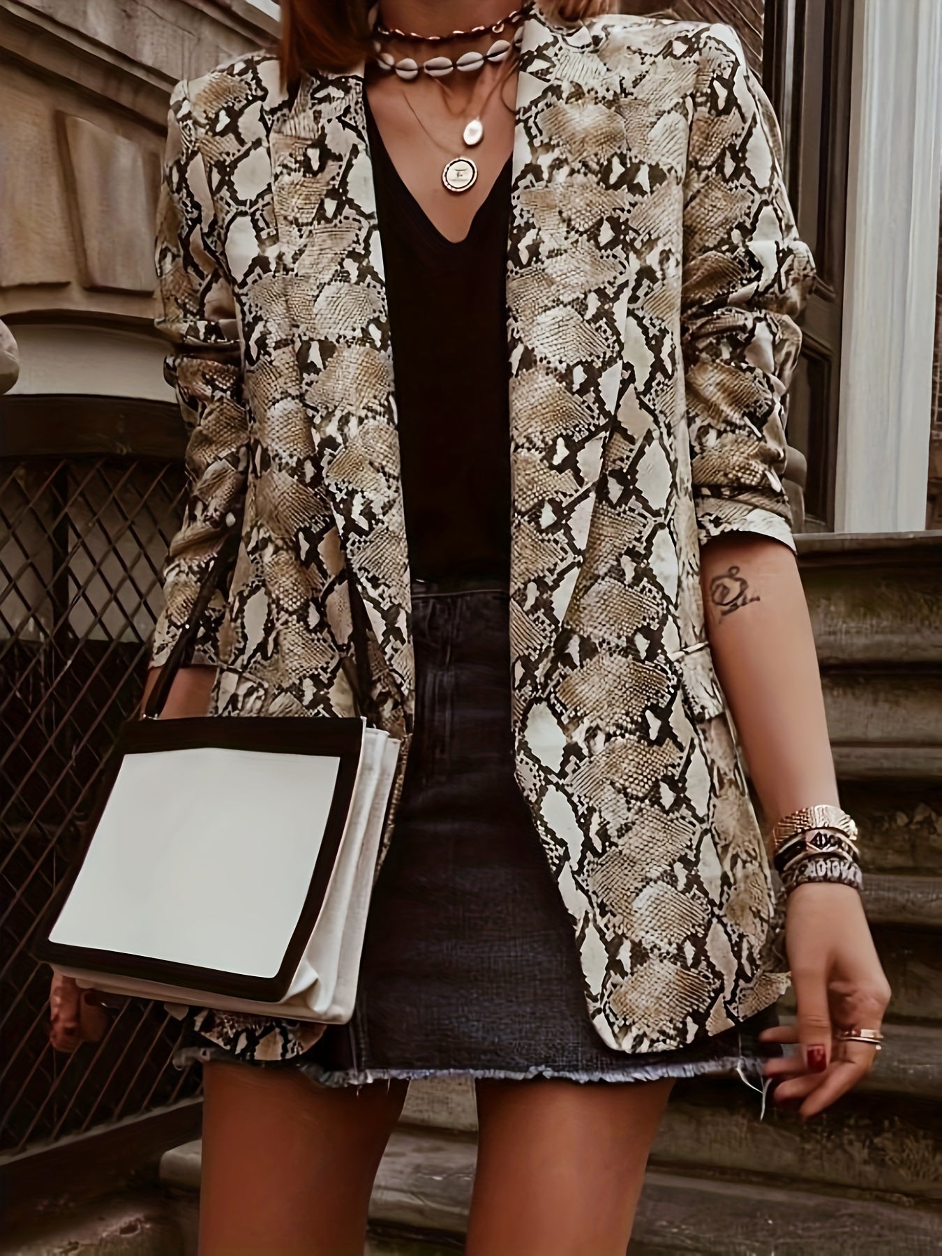  Casual Snake Pattern Blazer Open Front Long Sleeve Slim Fit