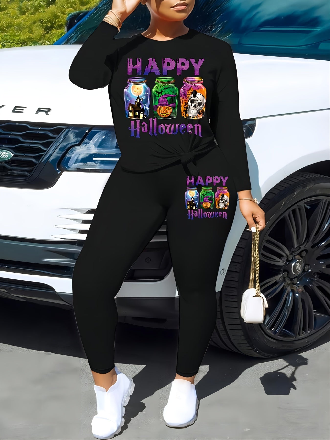  Halloween Casual Outfit Set Women's Plus Pumpkin & Skull Bottles Print