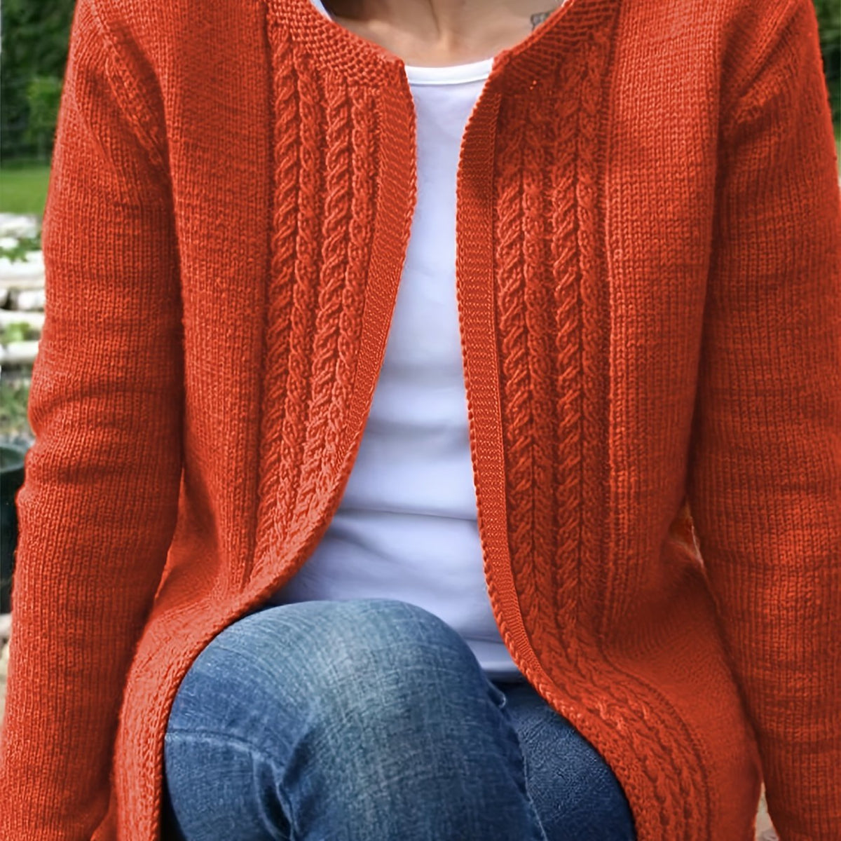  Solid Cable Long Sleeve Open Front Cardigan