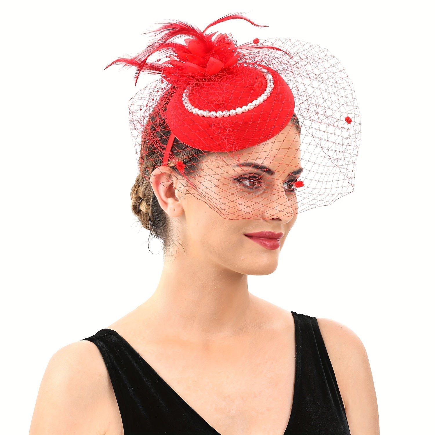 Red Feather Decor Fascinator Hats With Veil Pillbox Hat Hair Clip
