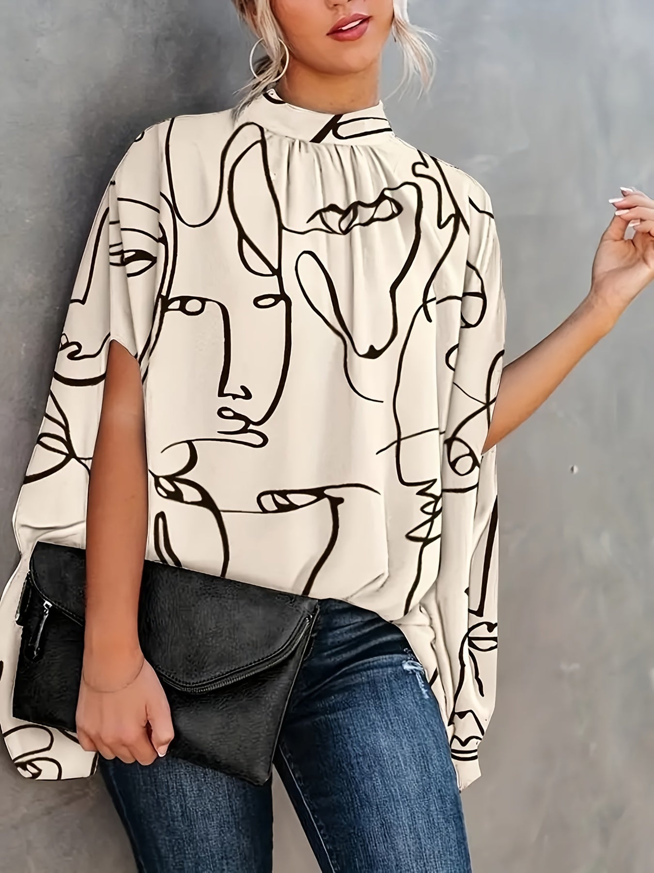  Women's Letter Print Bat Sleeve Blouse