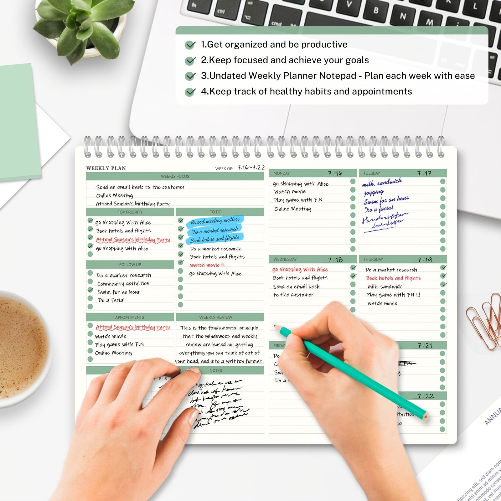 Undated Spiral Weekly Planning Pad with Weekly Goals Priority To Do List