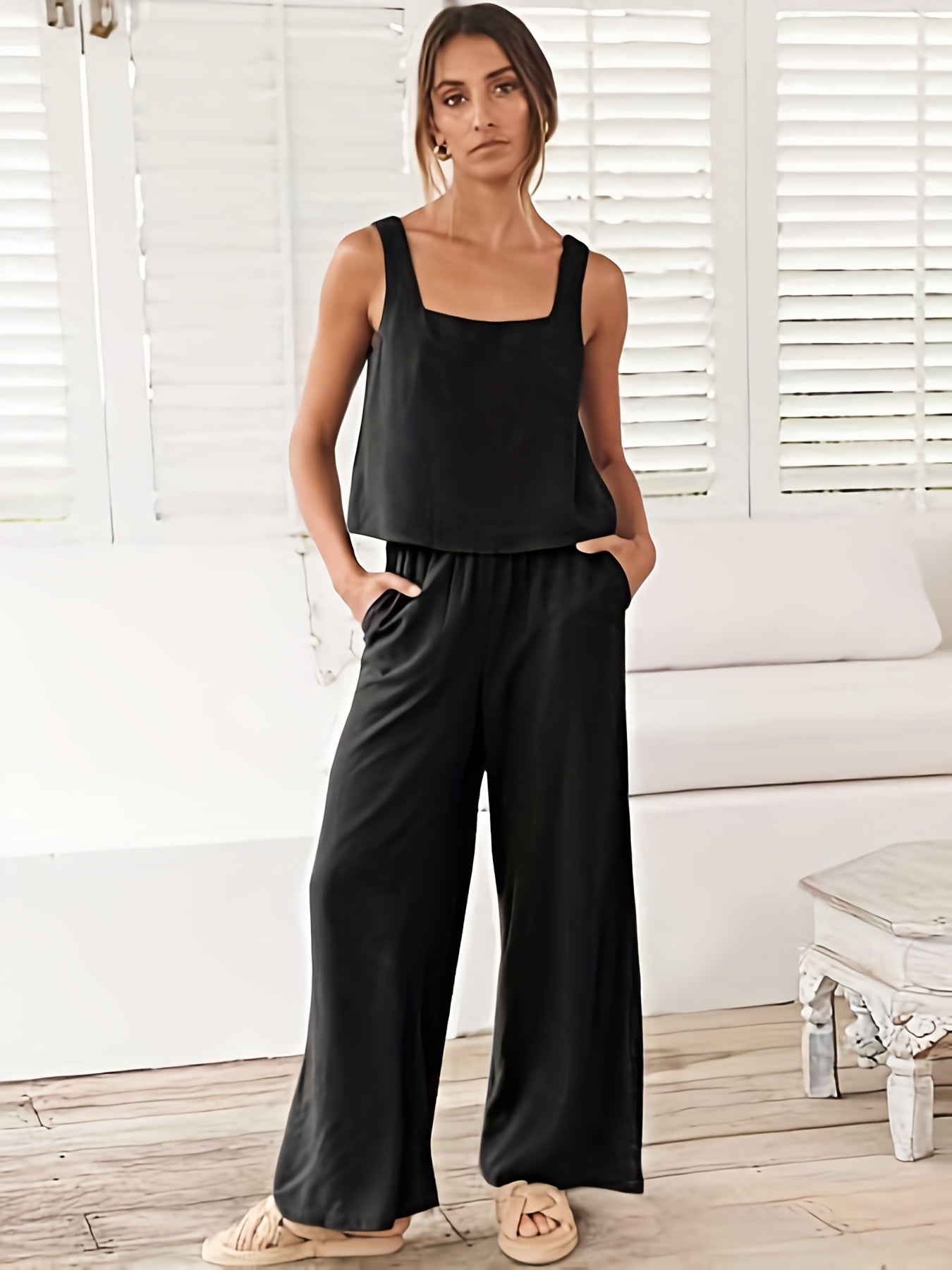 Women's Plus Solid Square Neck Crop Top & Wide Leg Pant Set