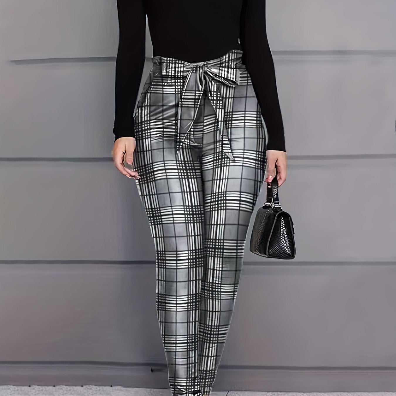  Grid Print Knot Front High Rise Leggings