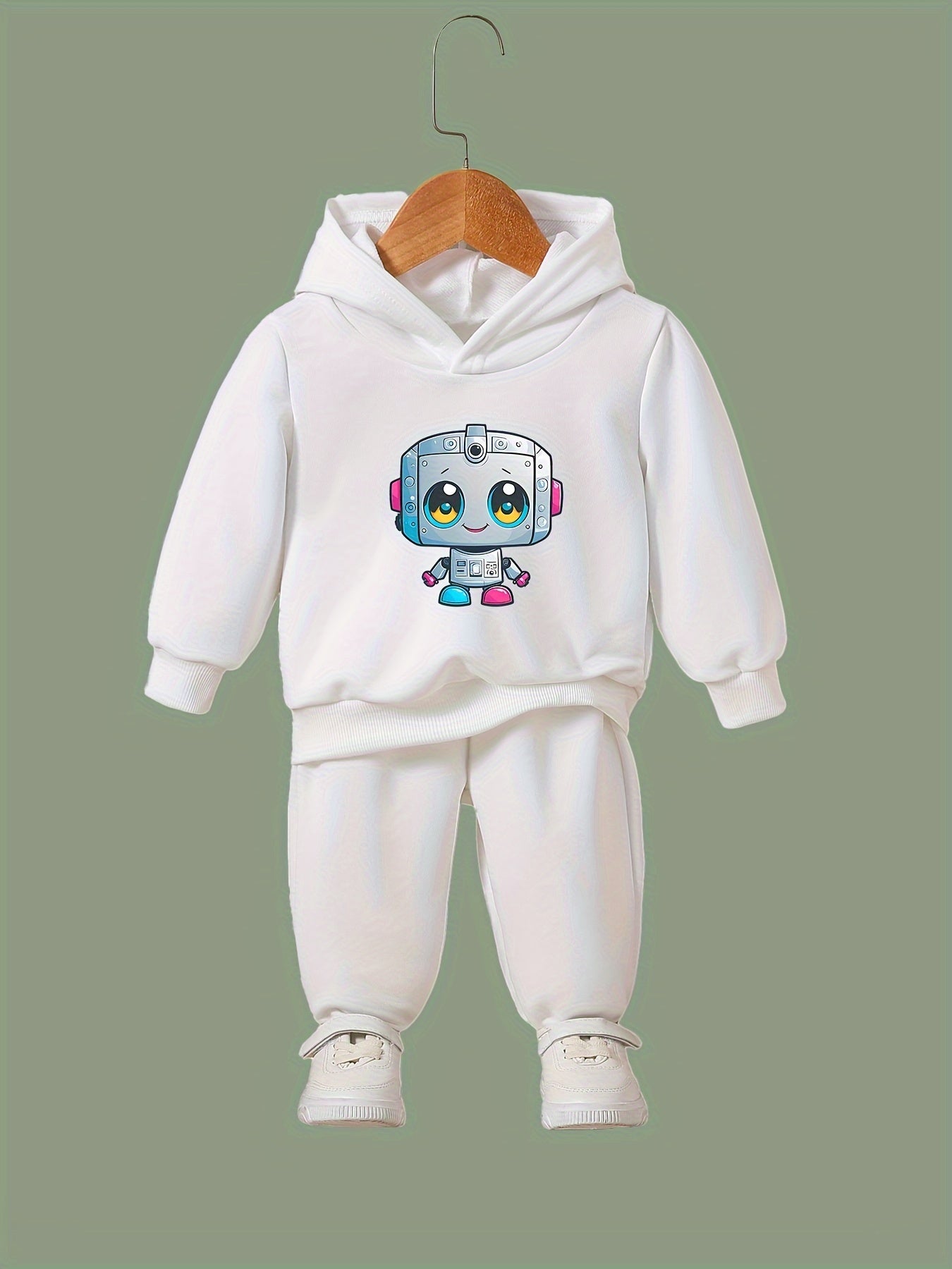 Girls Robot Pattern Hooded Sweatshirt & Sweatpants Set