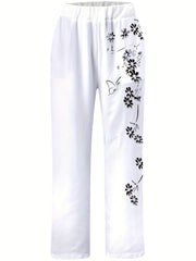 Butterfly & Flower Print Elastic Waist Pants for Women