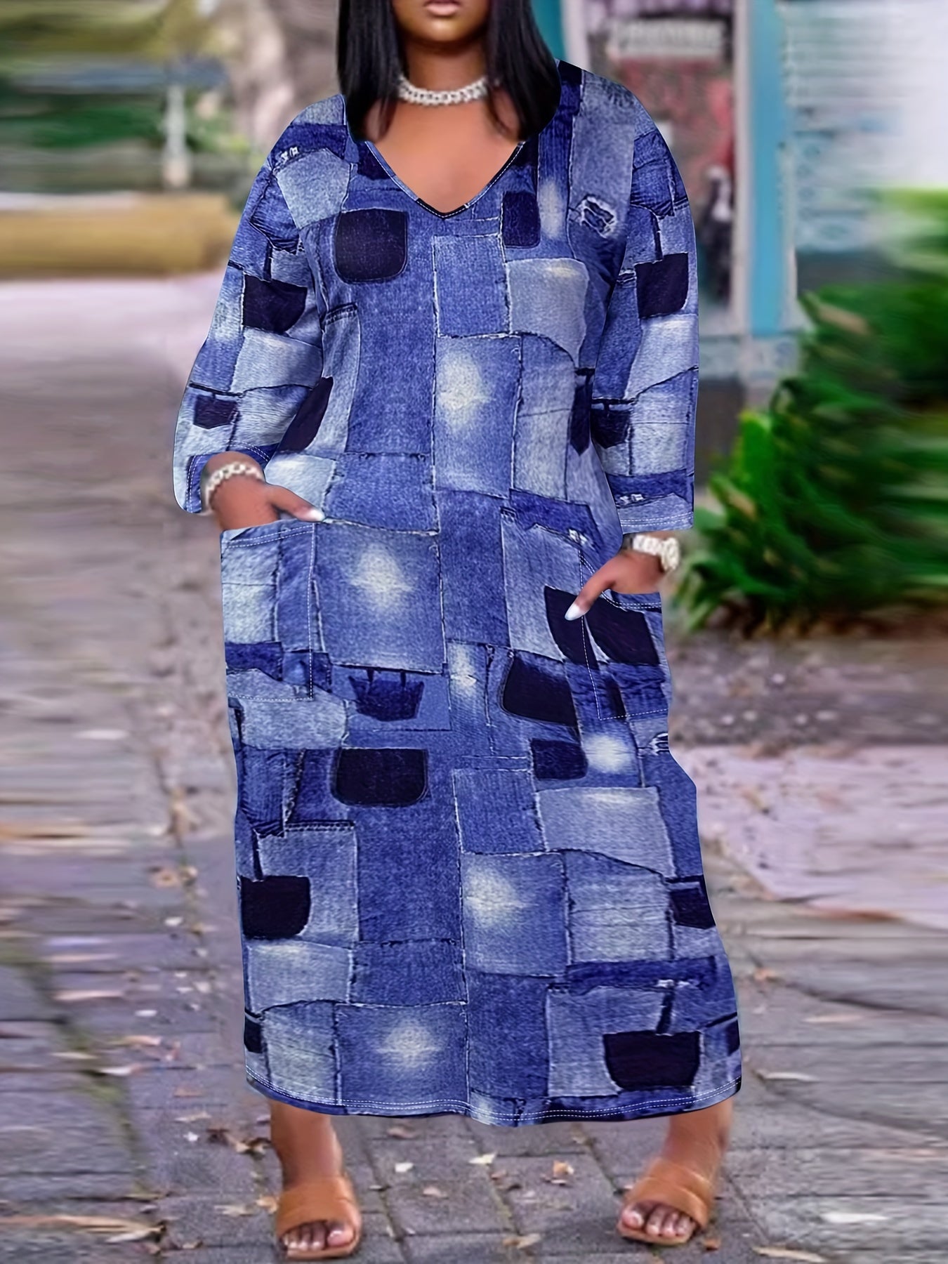  Patchwork Denim Print Maxi Dress