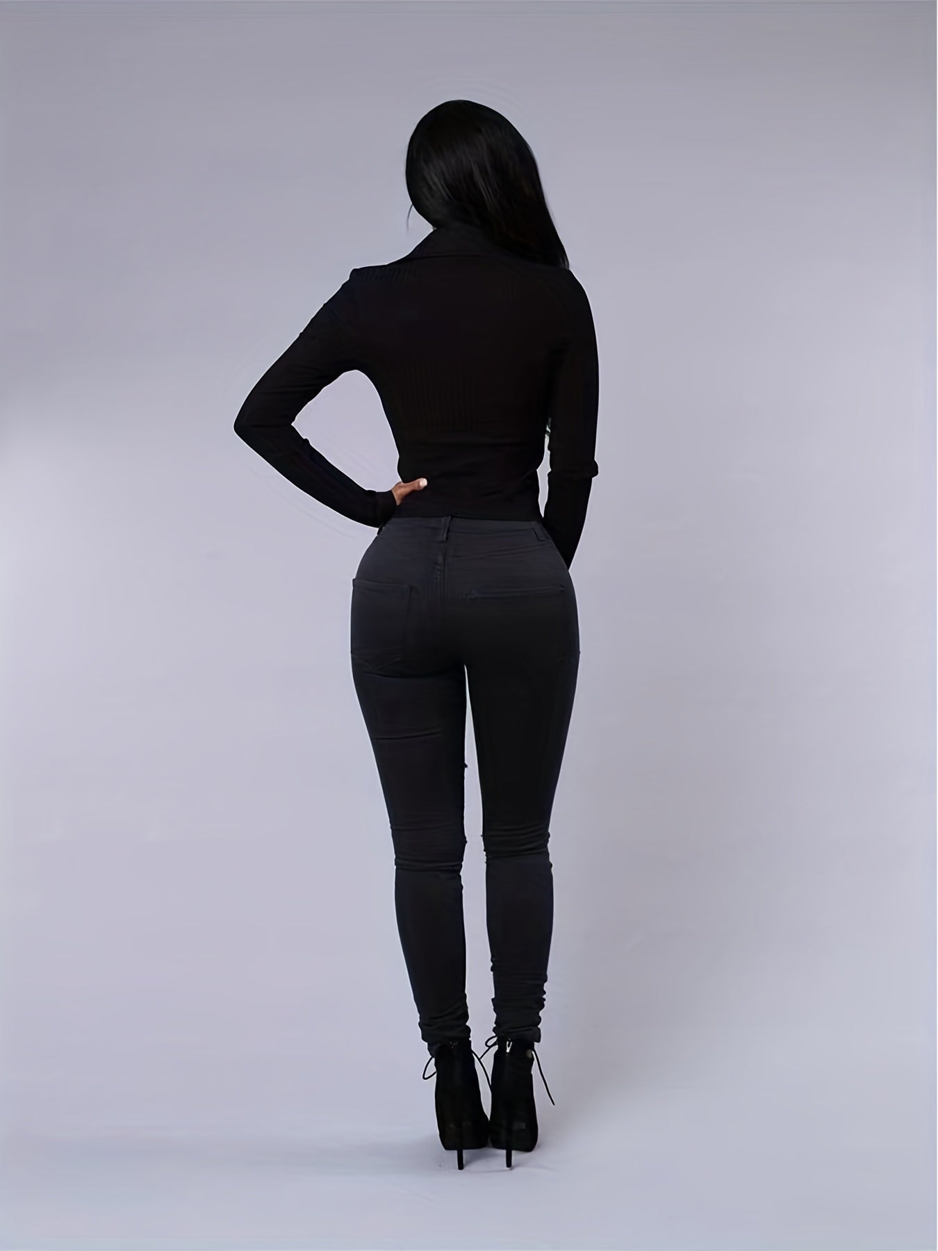 High Strech Distressed Jeans Solid Slim Fit Denim Pants Women's Jeans