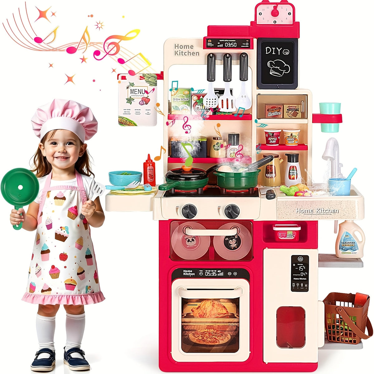 Kids Play Kitchen Set with Realistic Sound & Light Stove Sink Play Food