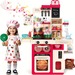 Kids Play Kitchen Set with Realistic Sound & Light Stove Sink Play Food