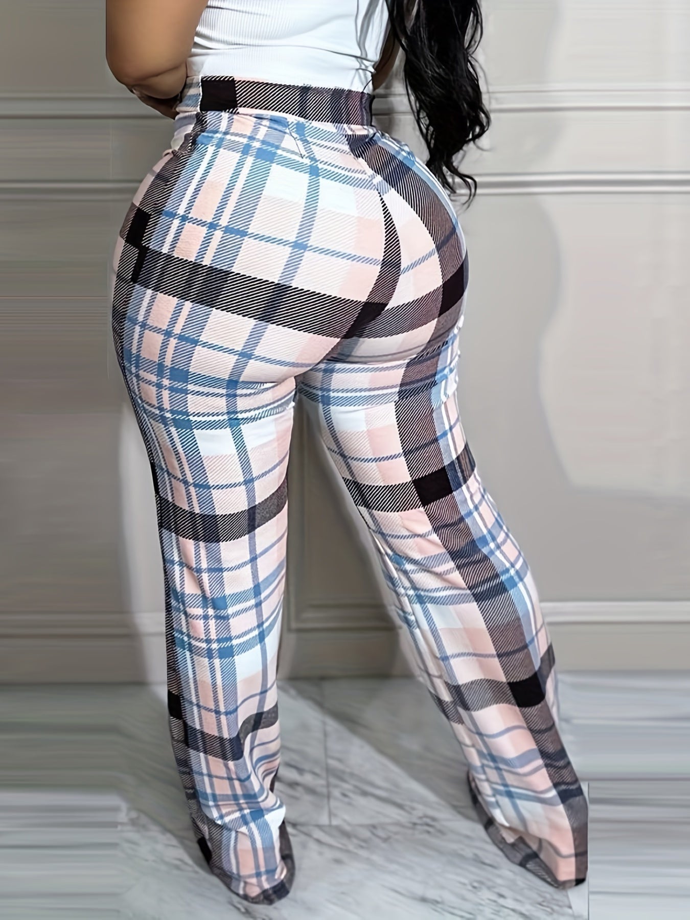  Boho Pants Women's Wide Leg Straight Plaid Print Elastic Waist