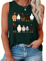  Chicken Print Tank Top Round Neck Casual Slight Stretch