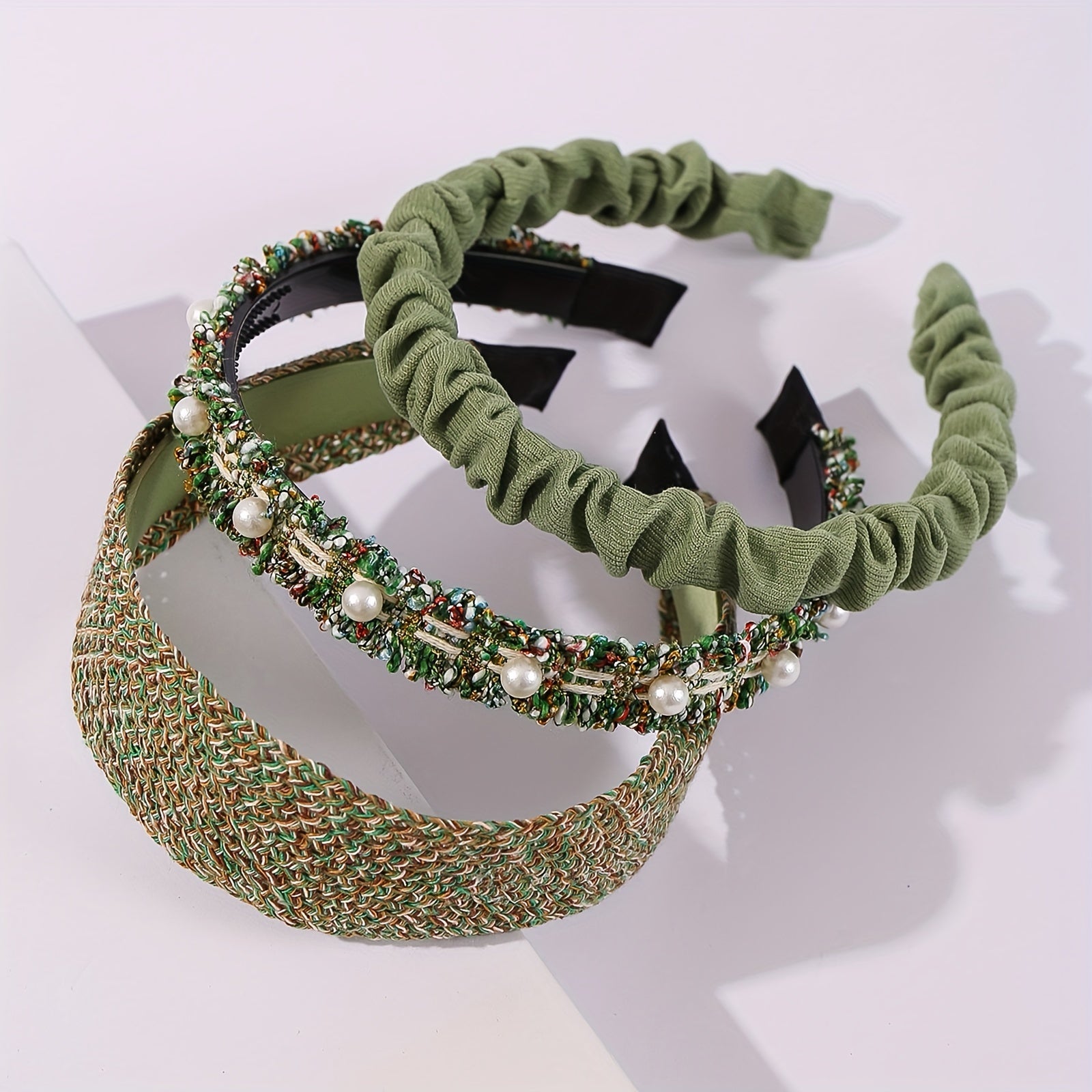 3pcs Green Headband Faux Pearl Headdress Women Girls Hair Band