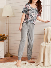 Floral Print Lounge Set Short Sleeve Top & Pants Women's Loungewear